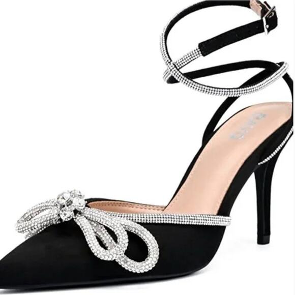 Womens Rhinestone Heeled Sandals Ankle Strap Lace Up Bow Pumps size 11 Stilettos - Picture 1 of 11